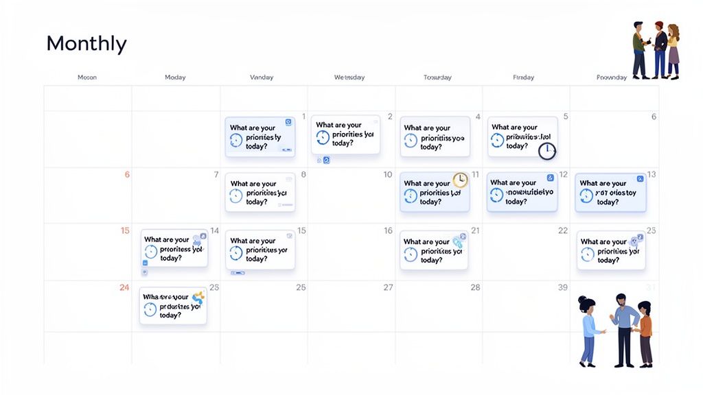 Monthly calendar displaying daily priority questions and various small icons.