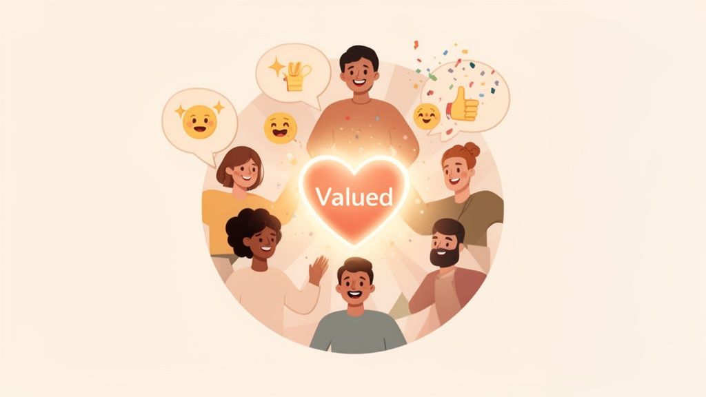 Diverse happy people surrounding a glowing heart with 'Valued', showing appreciation and support.