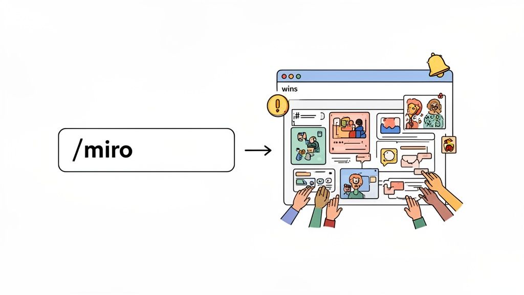 A text input with '/miro' pointing to a collaborative digital workspace with multiple users.