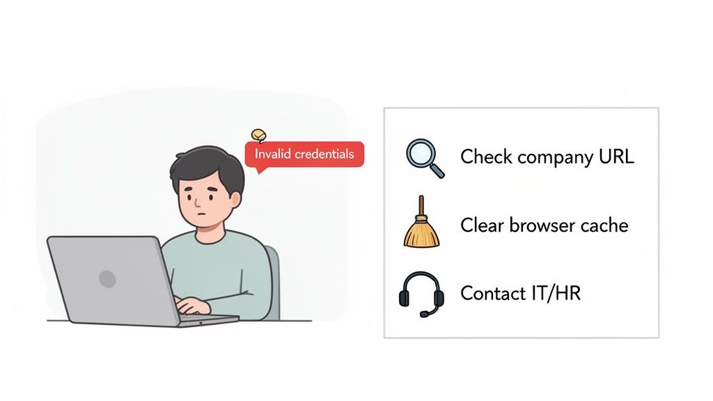 A person frustrated by an 'Invalid credentials' error on a laptop with troubleshooting solutions.