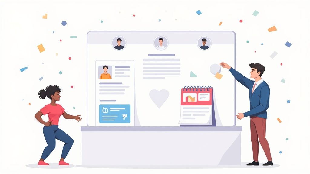 Two people interacting with a large digital screen showing user profiles, text, a calendar, and confetti.