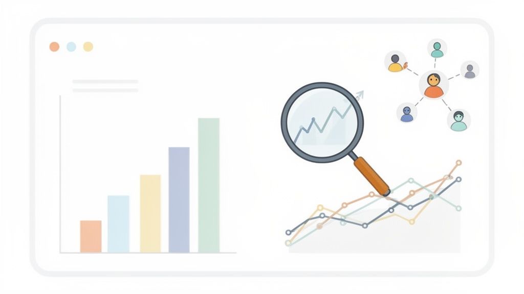 Illustration of data analysis, including bar charts, line graphs, and social network connections for insights.