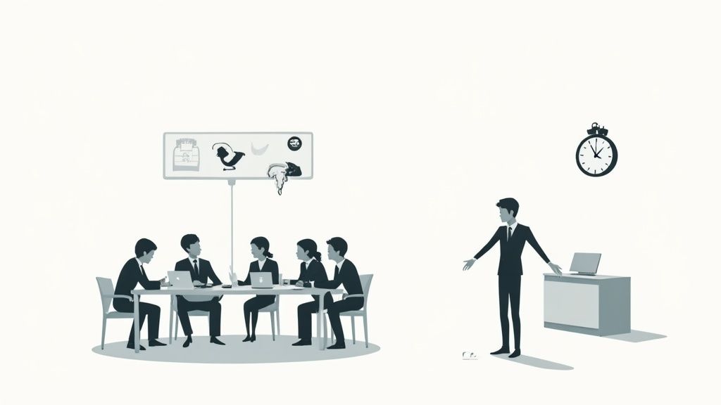 A team meeting with a presenter, five colleagues, laptops, and a whiteboard with symbols.