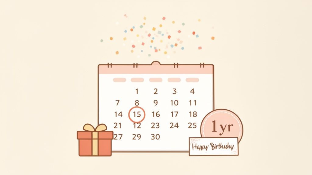 A calendar showing the 15th circled, with a gift box, confetti, and '1 yr Happy Birthday' text.