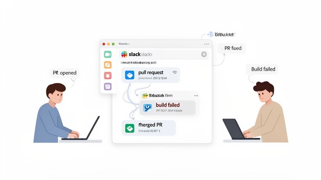 Two developers manage pull requests and build statuses via a Slack-Bitbucket integration workflow.