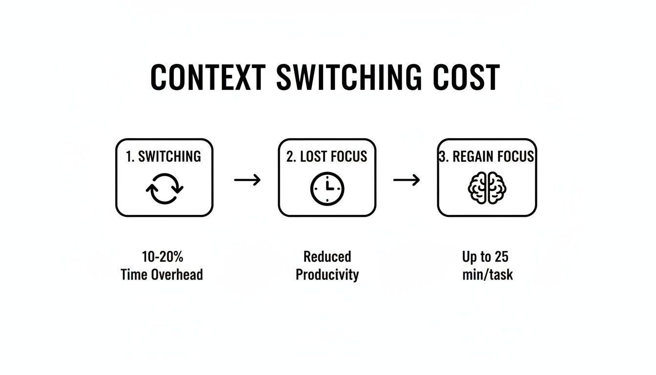 An infographic illustrating the cost of context switching with steps: switching, lost focus, and regain focus.