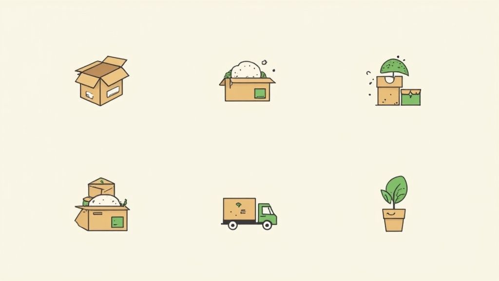 A person carefully packing an eco-friendly gift into a sustainable cardboard box with natural filler.