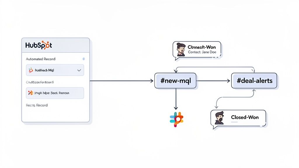 HubSpot workflow diagram integrating MQL and deal notifications to Slack channels for sales teams.