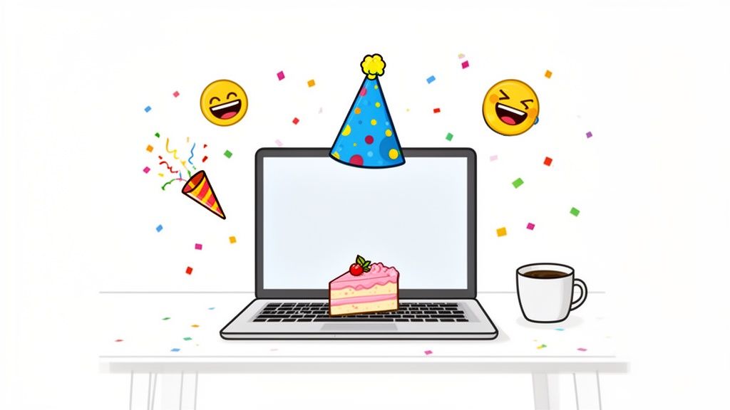 A laptop decorated for a birthday celebration with cake, confetti, emojis, and a party hat.