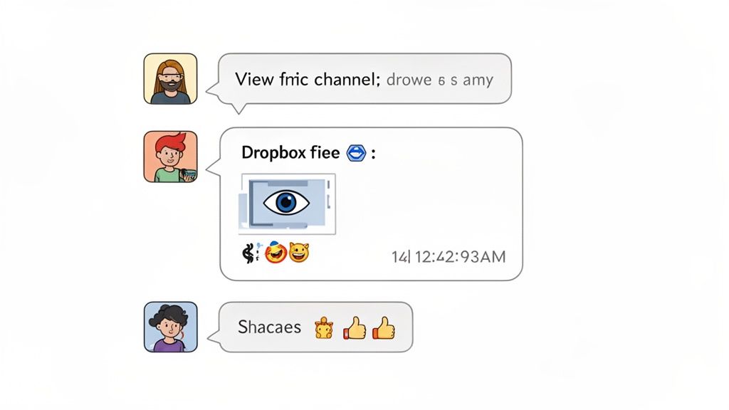 Screenshot of a chat application displaying three messages, a Dropbox file preview, and emoji reactions.