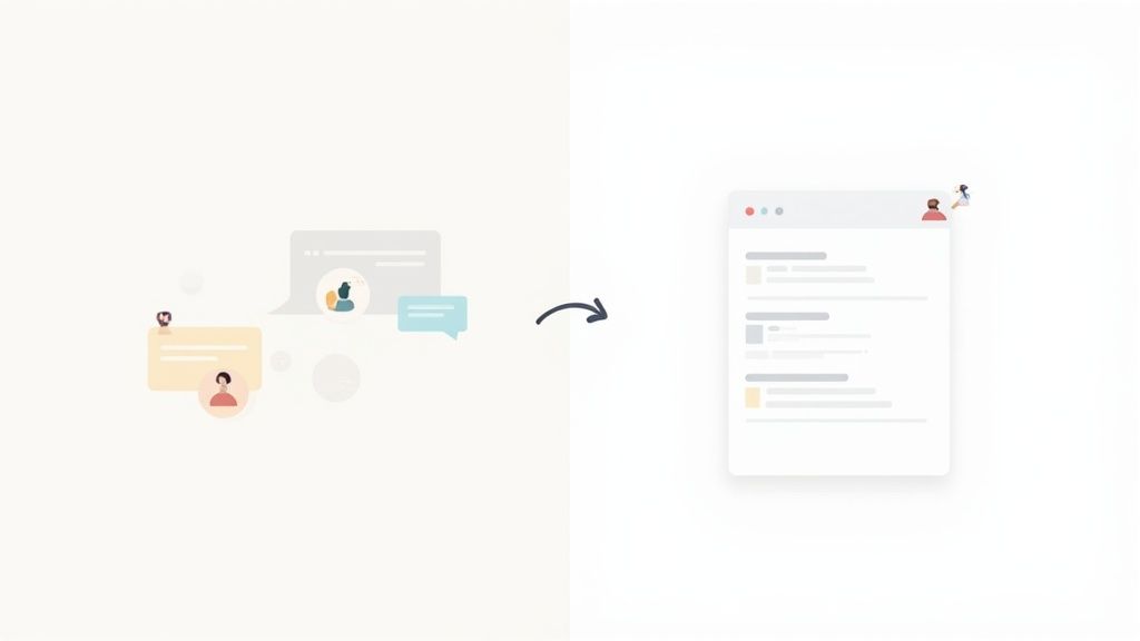Illustration showing a conversion from chat messages with avatars to an organized task list or document.