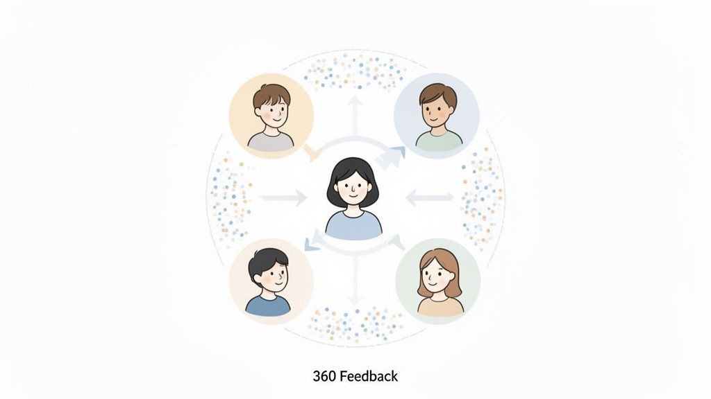 Illustration depicting a central woman exchanging feedback with four colleagues in a circular 360-degree system.