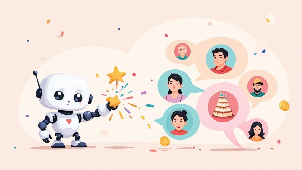 A friendly robot generates stars and confetti for diverse people in chat bubbles, symbolizing celebration and connection.
