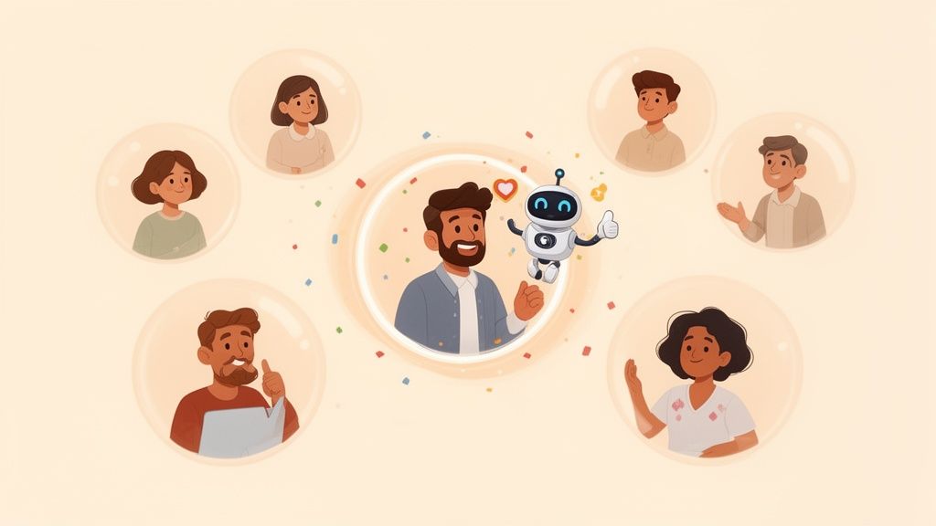 An illustration of a man interacting with a robot, surrounded by diverse people in individual bubbles.