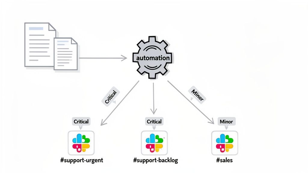 A diagram showing documents processed by automation, then routed to different Slack channels based on criticality.