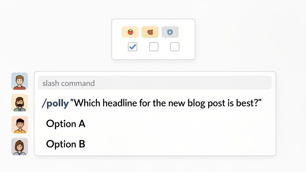 Slack interface showing a user creating a poll with the /polly command and two options.