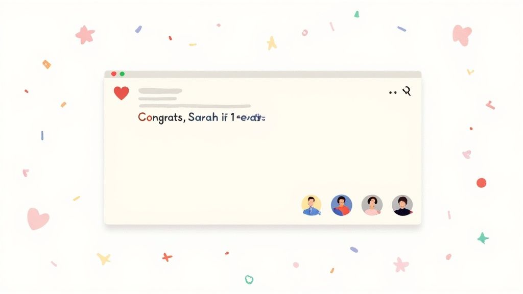 A celebratory illustration featuring a browser window with "Congrats, Sarah" text and user avatars, surrounded by colorful confetti.
