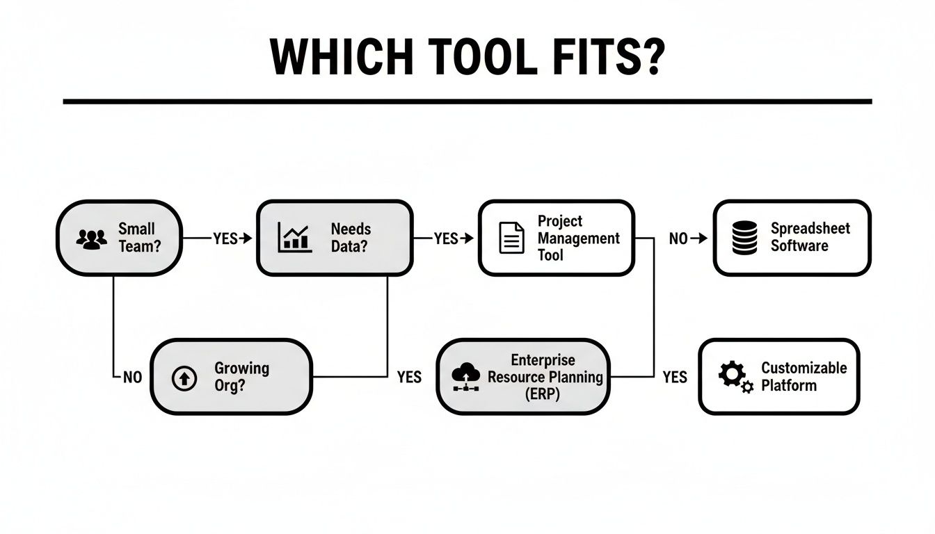 Flowchart guiding the selection of business management tools based on team size and data requirements.