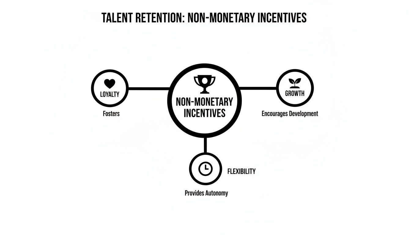 Diagram illustrating non-monetary incentives for talent retention, fostering loyalty, growth, and flexibility.