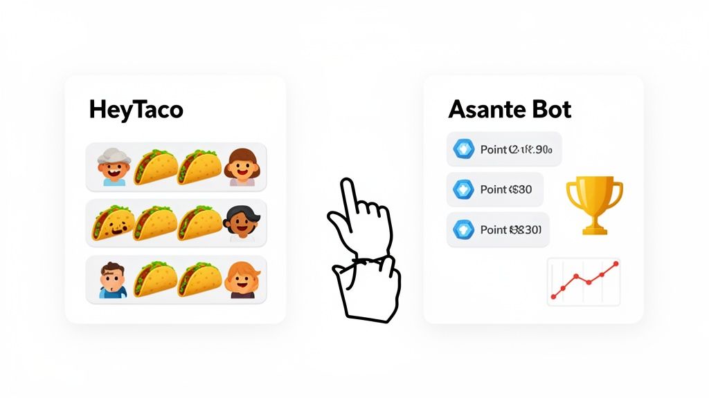 Illustration of HeyTaco rewards with tacos and Asante Bot's points and trophy, linked by a cursor.