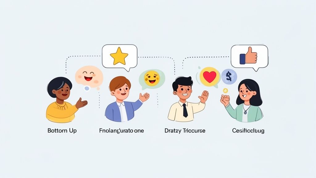 Four diverse cartoon people with thought bubbles above them, showing various icons and emotions, representing ideas or feedback.