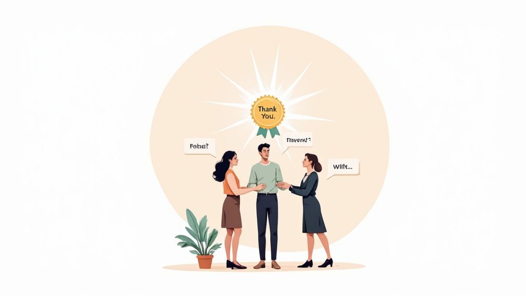 Team members collaborating and celebrating a success together.