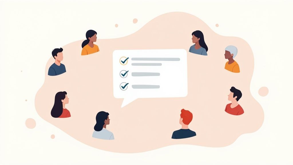 Diverse team members collaborating around a checklist poll in a speech bubble illustration