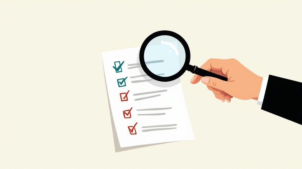 A hand holds a magnifying glass over a checklist with green and red checkmarks, indicating review.