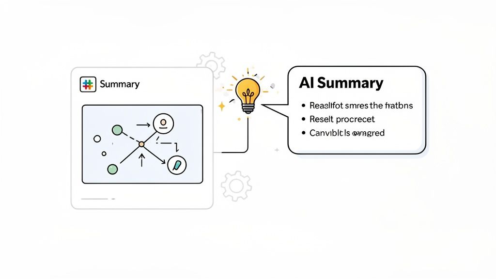 Diagram of a process, a lightbulb symbolizing AI, and an AI-generated text summary.
