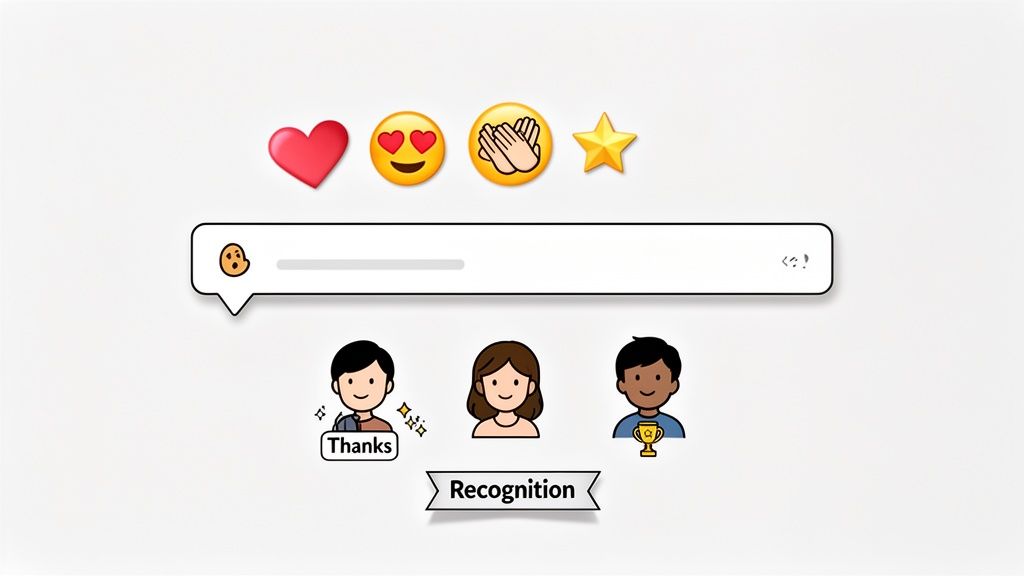 Digital recognition concept showing chat bubble, emojis, diverse avatars, and 'Thanks' for appreciation.