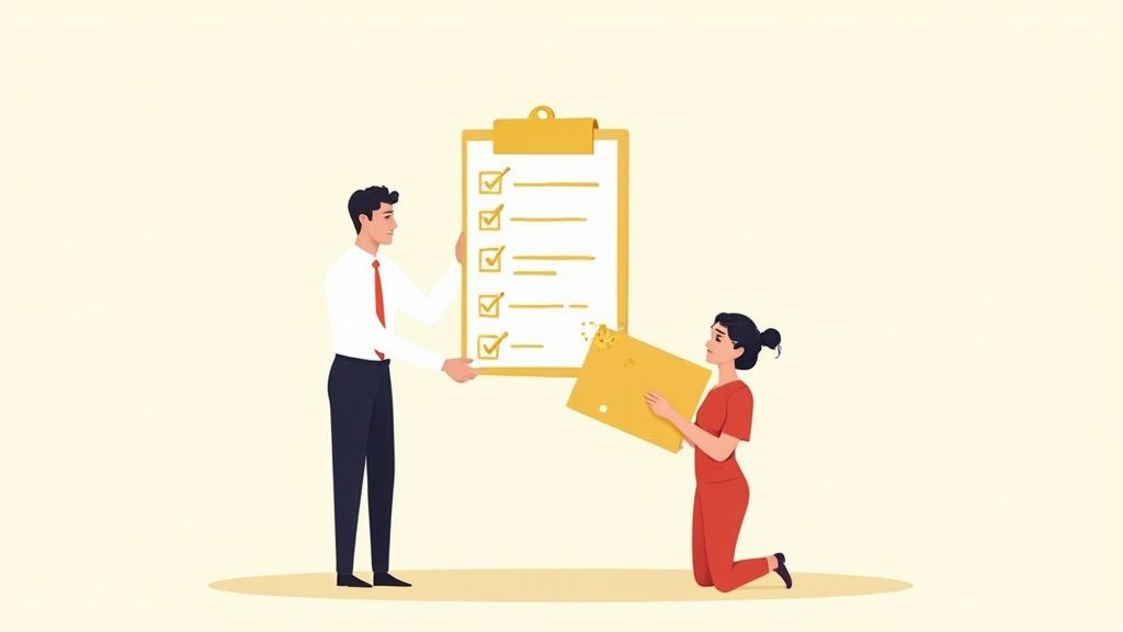 A man holds a completed checklist, while a woman kneels, struggling with a broken task board.
