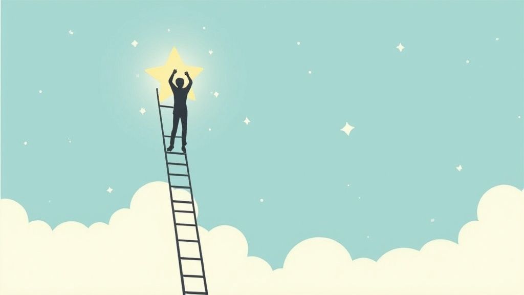 Silhouette of a person on a ladder reaching for a large, glowing star in a light blue sky.