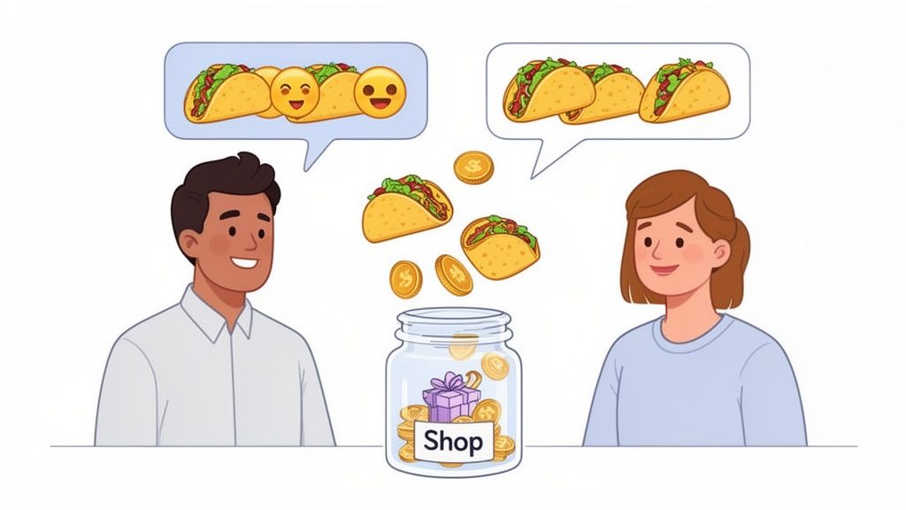 Man and woman discussing taco rewards, with tacos and coins going into a 'Shop' jar for a gift.