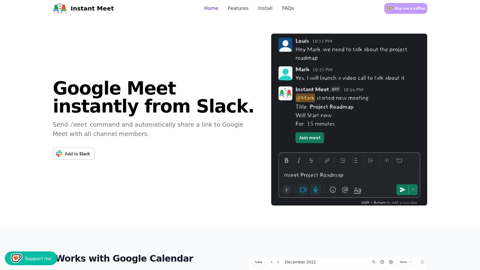 Instant Meet — Google Meet from Slack (third-party)