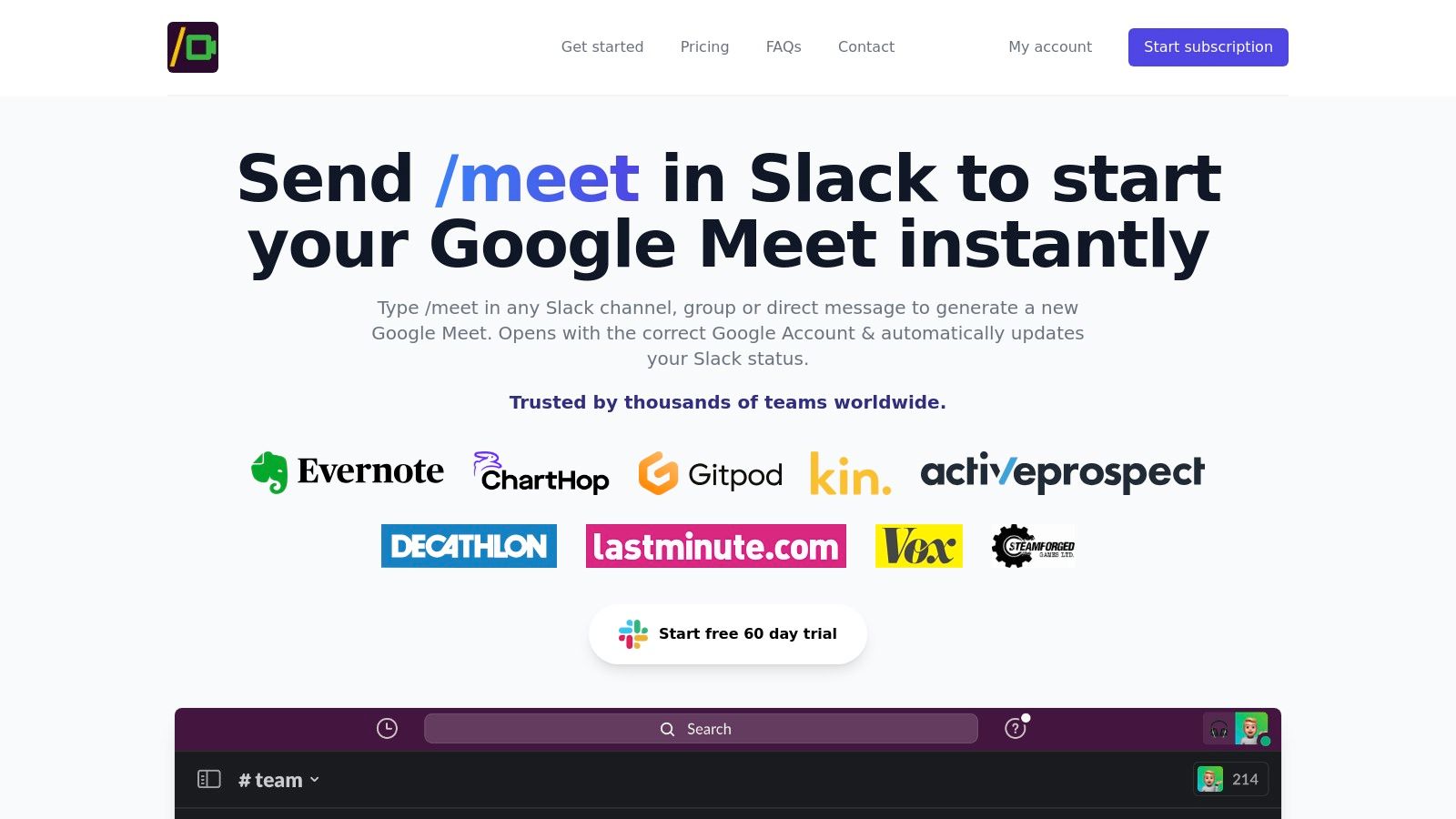 Google Meet from Slack — Meet for Slack (independent developer)
