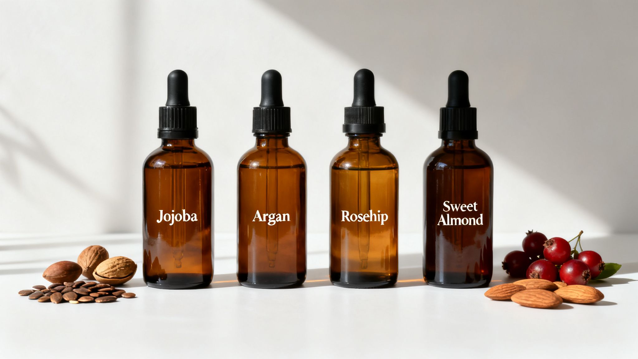 Four amber dropper bottles of Jojoba, Argan, Rosehip, and Sweet Almond oils with their seeds.