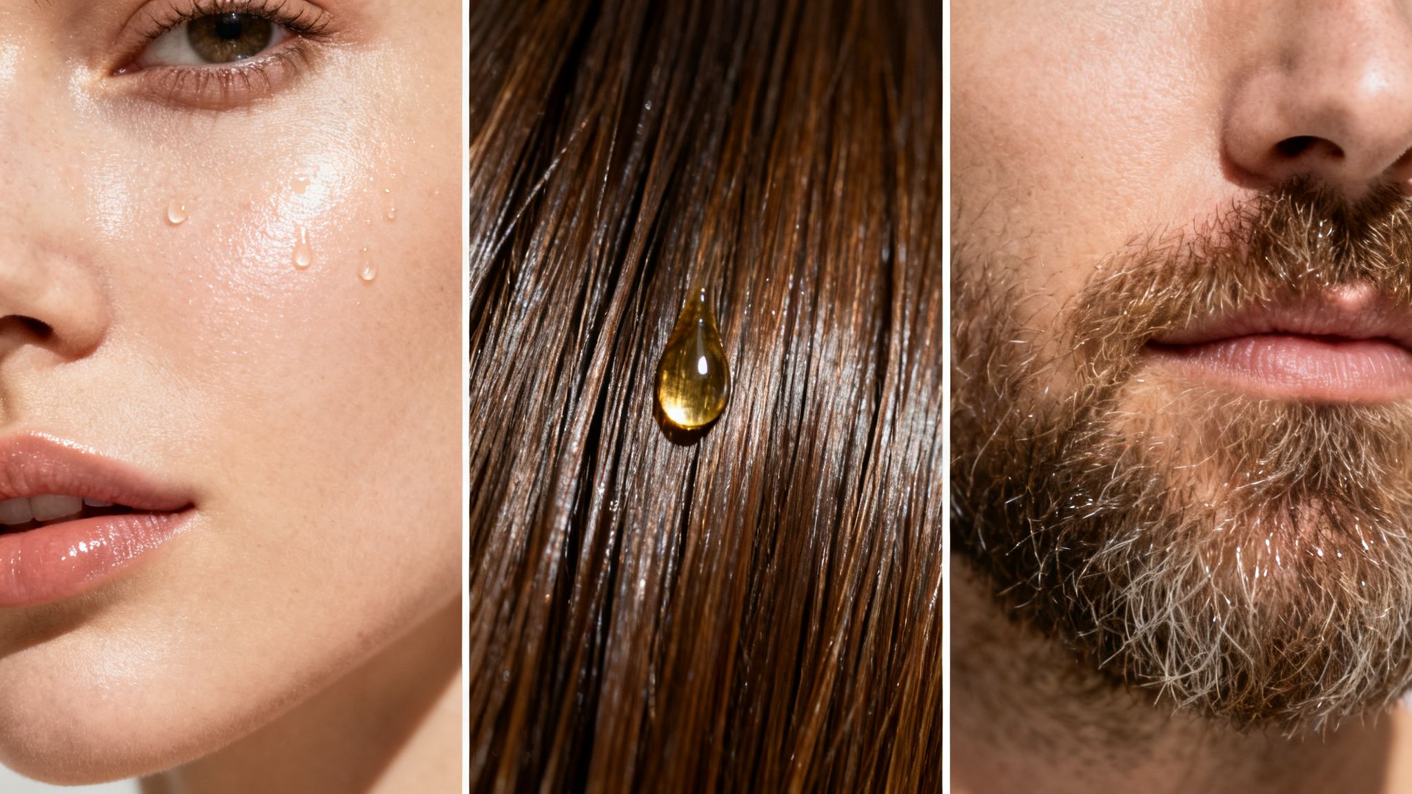 Close-up triptych of a woman of color's moisturized face, hair with an oil drop, and a man's conditioned beard.