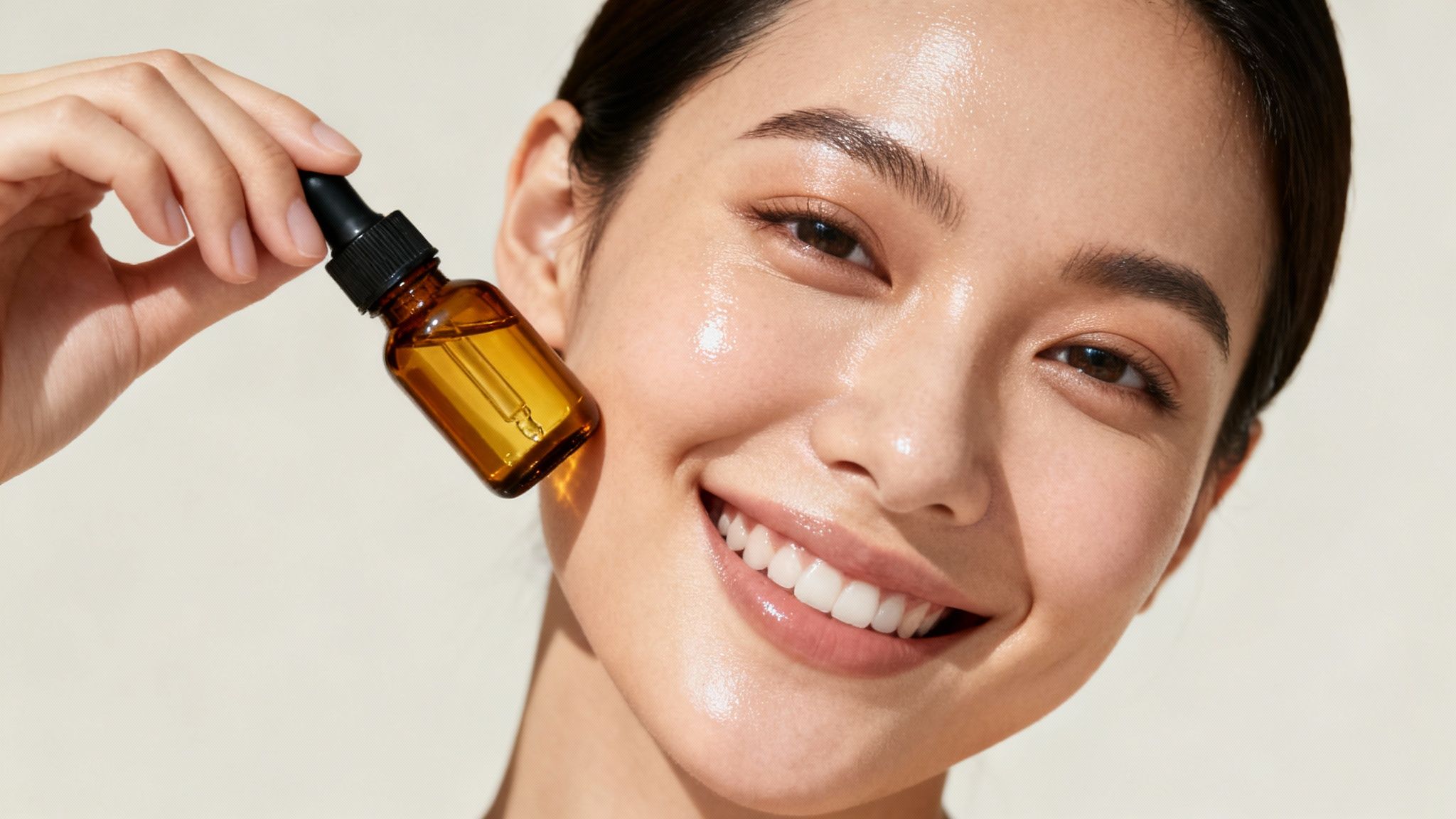 A smiling woman with dewy, glowing skin holding a dropper bottle of face oil.