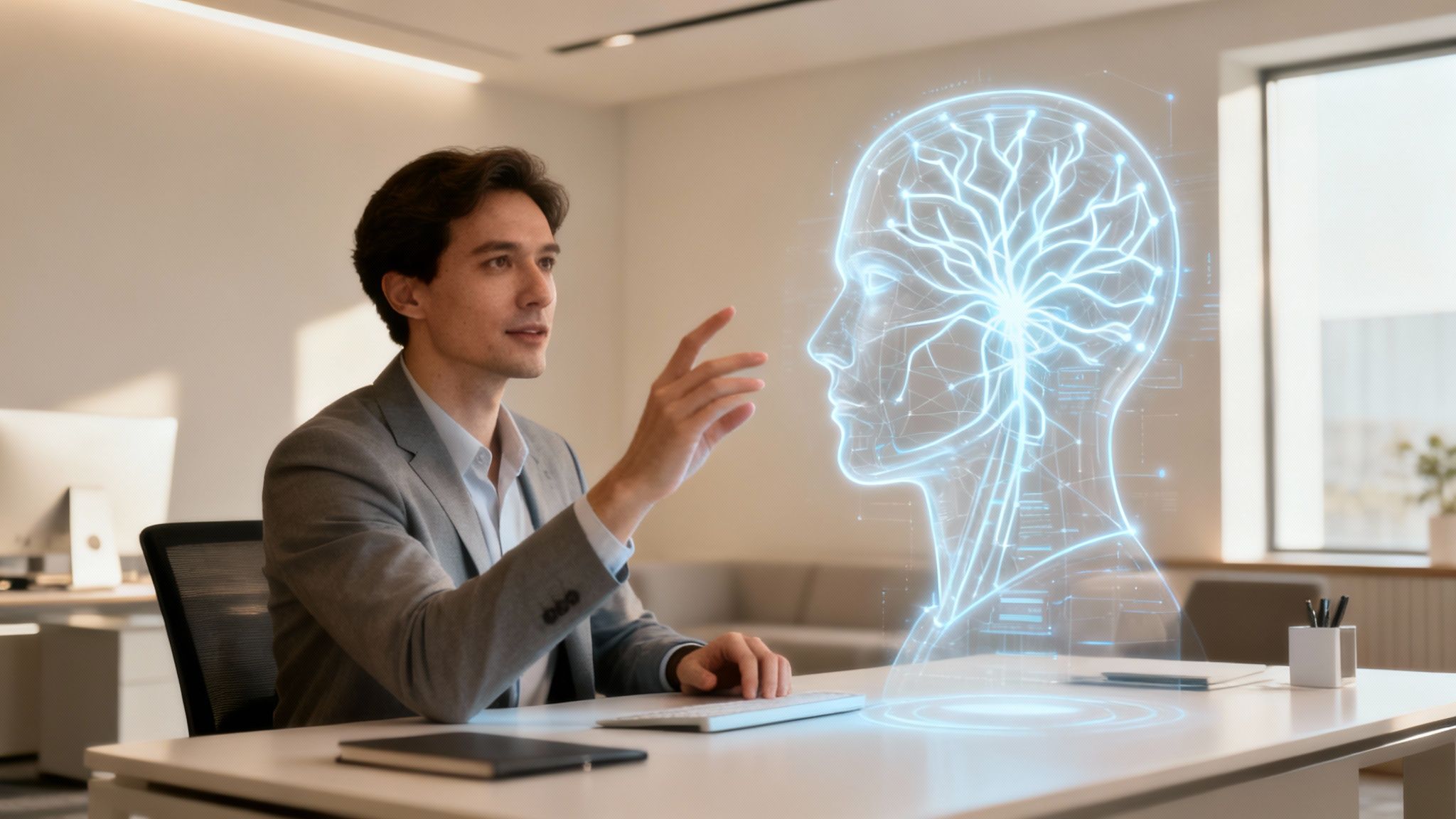 An image showing a human hand and a robotic hand working together on a digital interface, symbolizing the collaboration between human expertise and artificial intelligence.