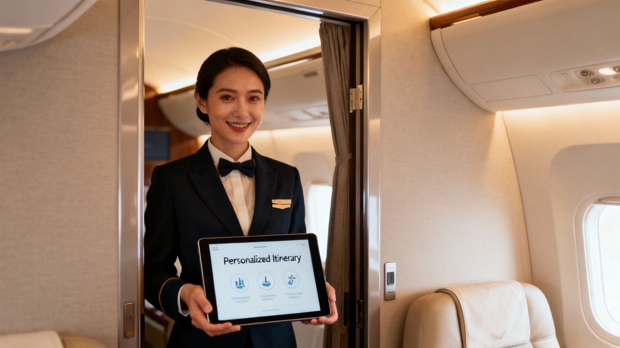 Flight attendant presenting personalized itinerary on tablet in luxury private jet cabin
