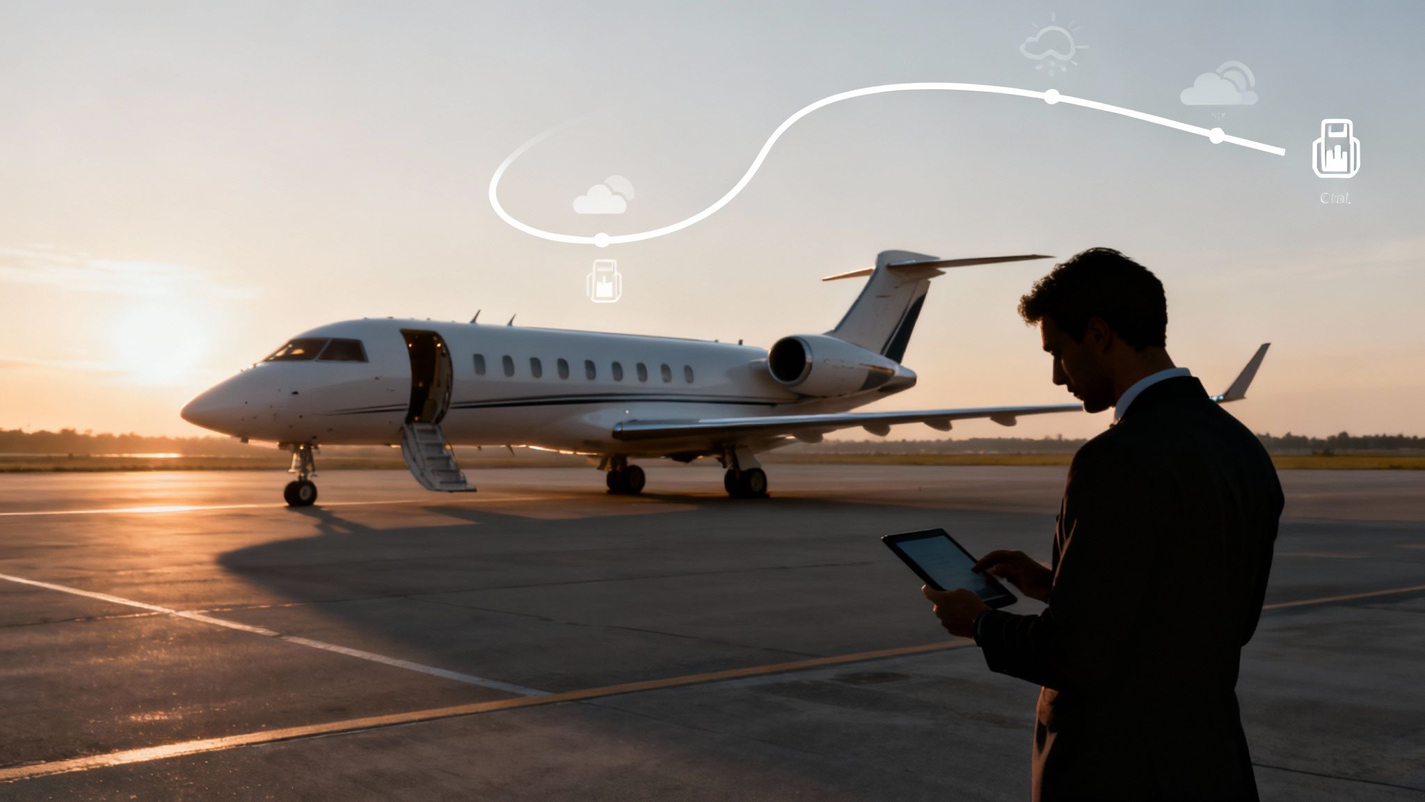 Business executive using tablet to manage private jet flight with digital route overlay