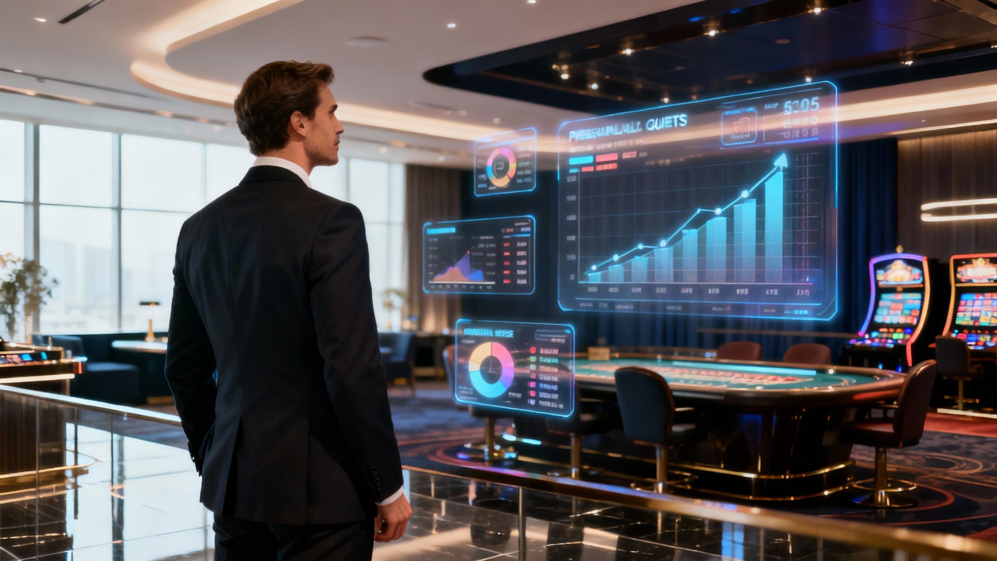 A casino floor with digital overlays showing data points and customer satisfaction metrics, symbolizing the ROI of AI.