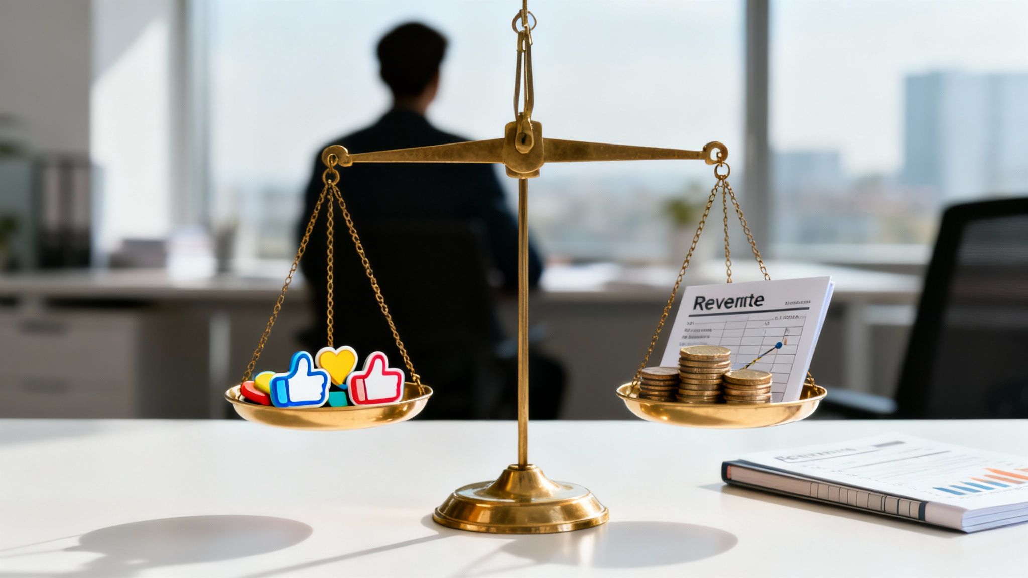 A person analyzing marketing ROI data on a digital dashboard, reflecting on growth.