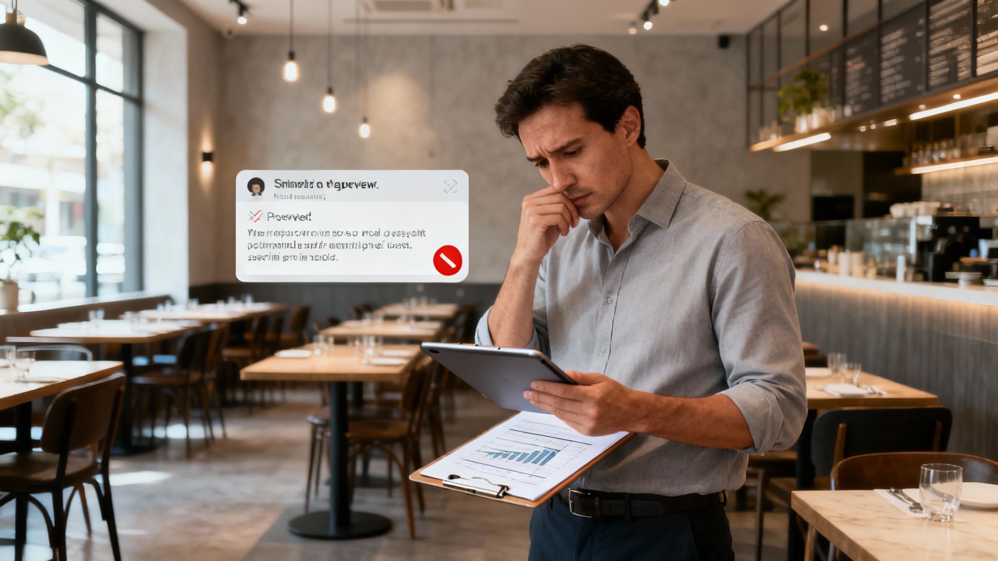 An empty restaurant dining area, symbolizing the distress a business might face.