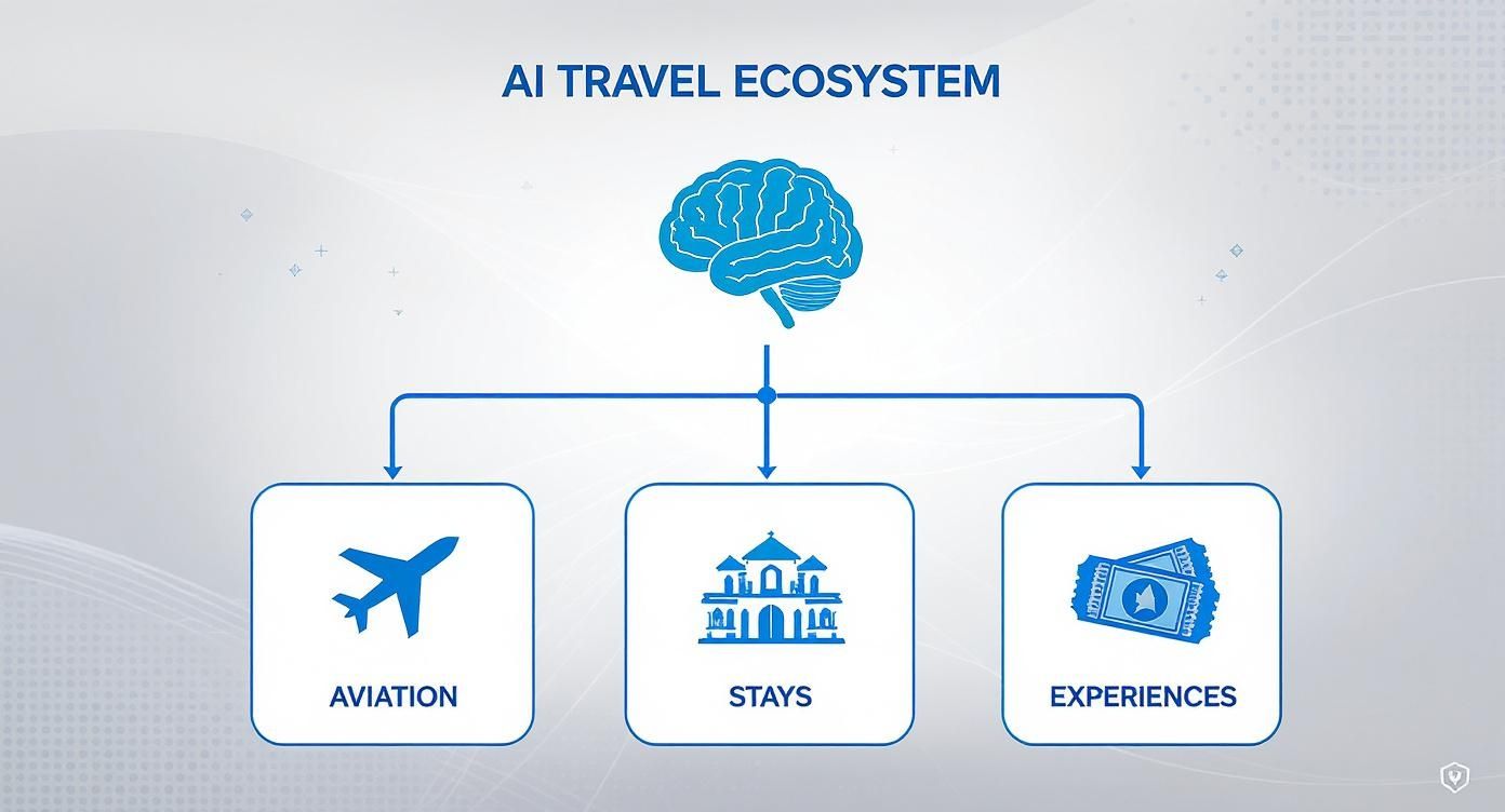 A diagram illustrates the AI Travel Ecosystem connecting aviation, stays, and experiences through a central brain icon.