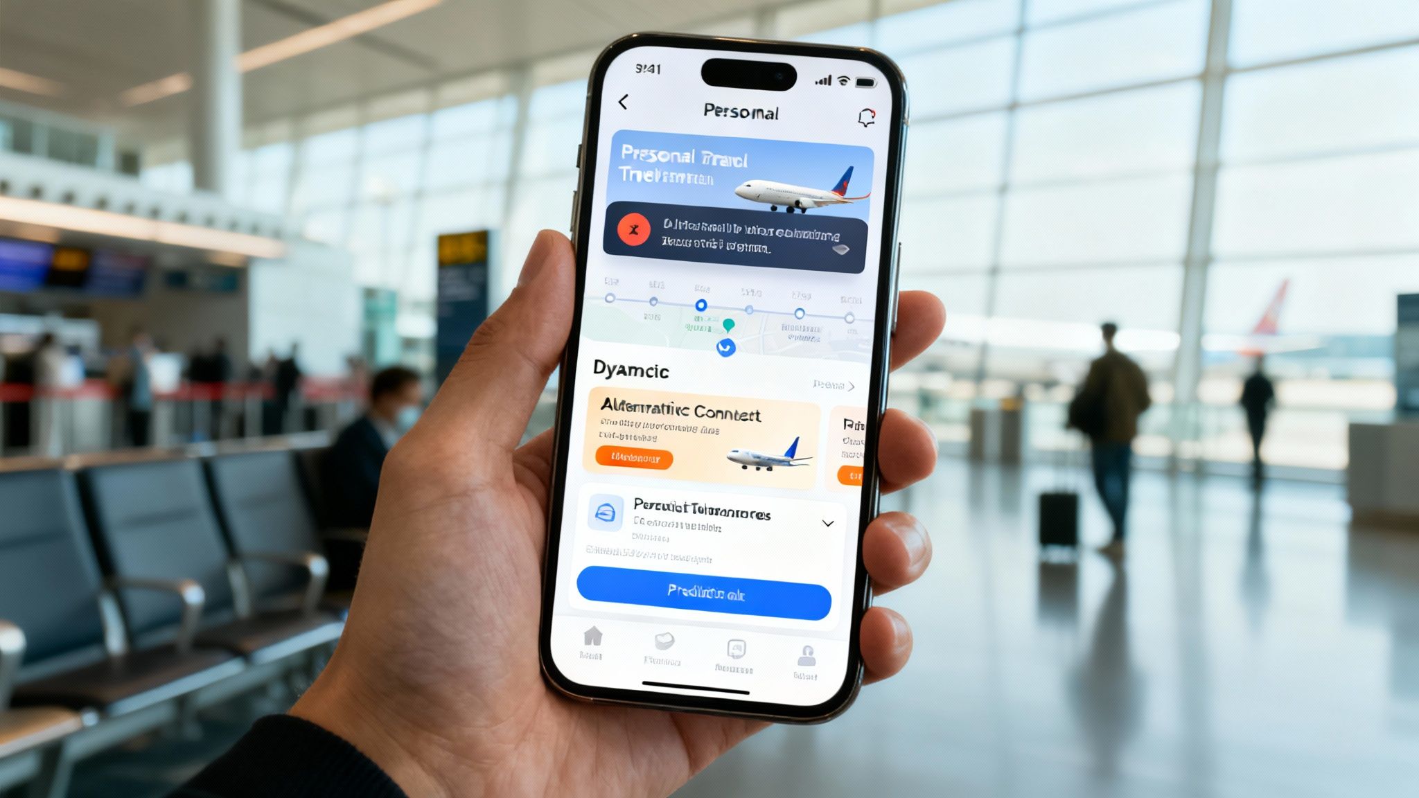 Hand holding a smartphone displaying a travel app with flight information in a bustling airport terminal.