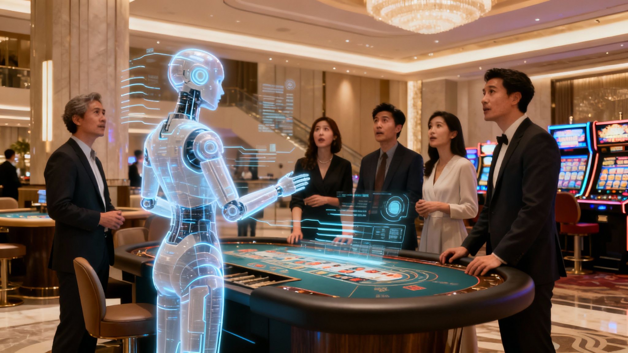 A modern casino floor with digital displays and slot machines.