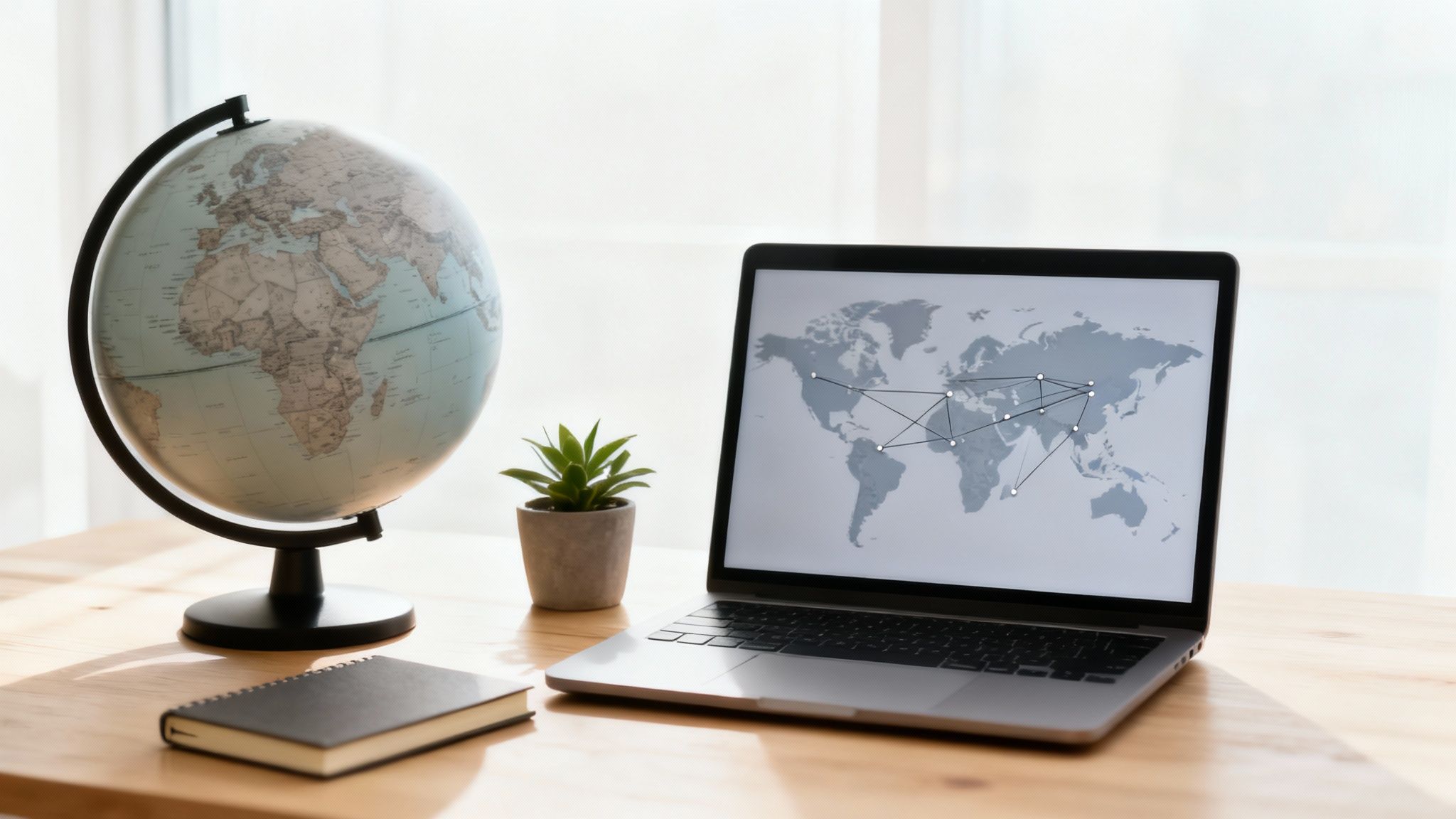 A world map with interconnected nodes, symbolizing a startup's global expansion and interconnected growth strategies.