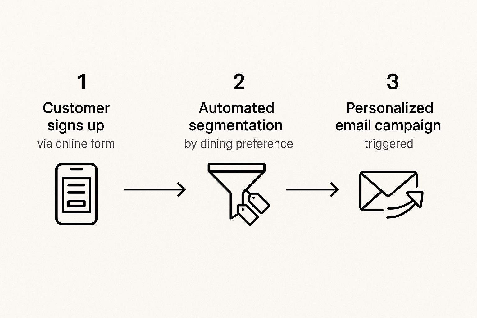 An infographic illustrating the automated email marketing process for restaurants, starting with a customer signing up, followed by automated segmentation, and ending with a personalized email campaign being triggered.