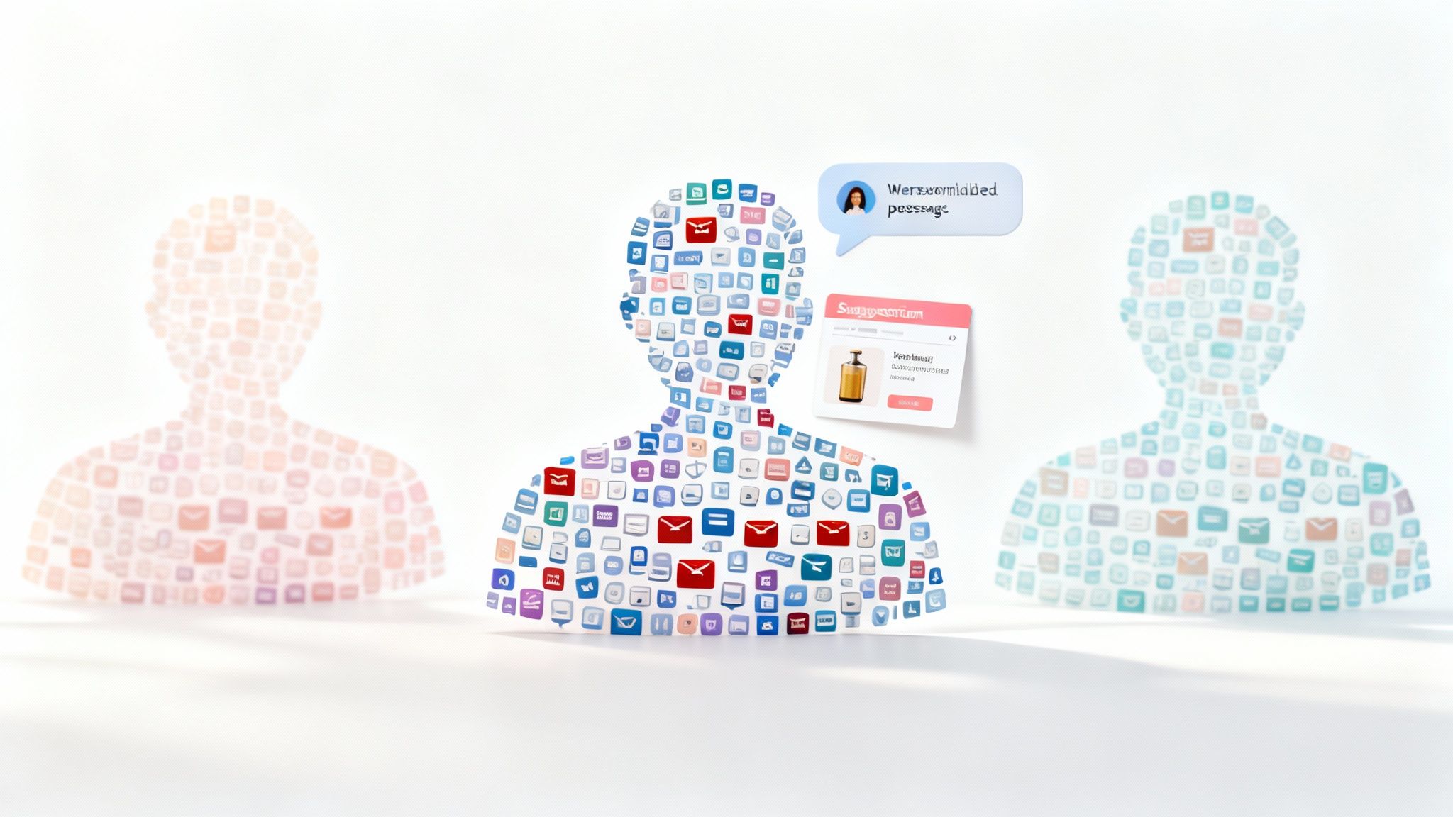 Three silhouettes of people composed of app icons and email symbols, featuring personalized digital messages and ads.